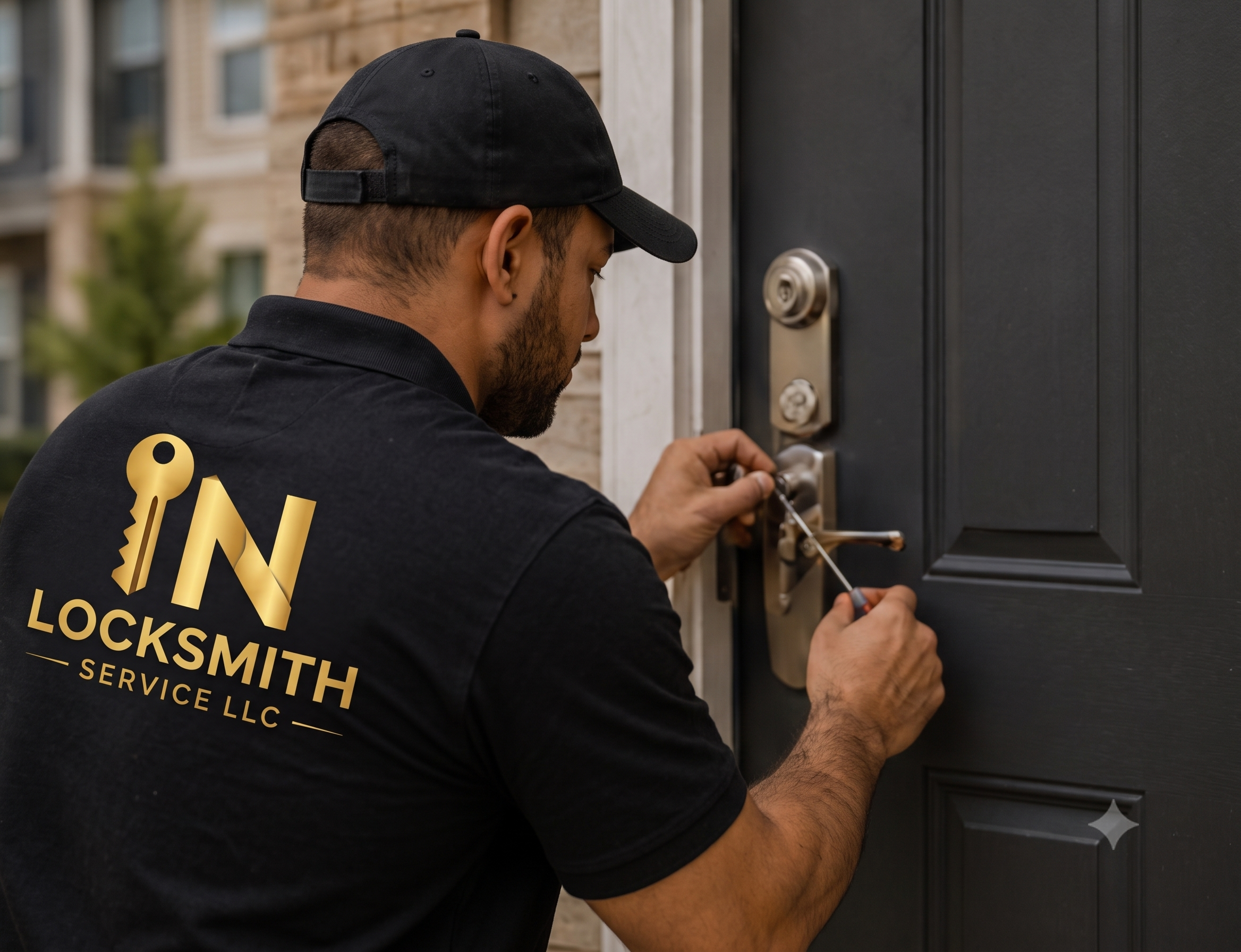 Locksmith working on an apartment door lock