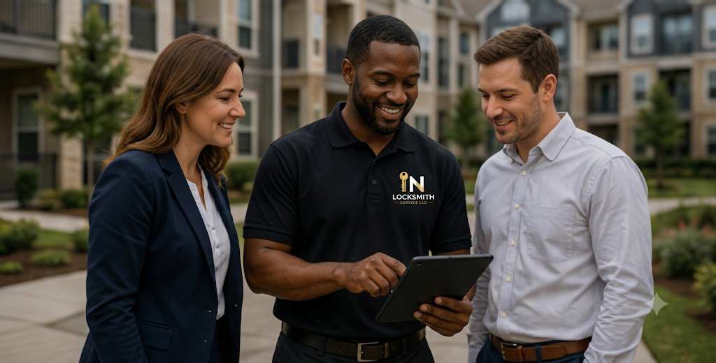 Locksmith speaking with property management customers
